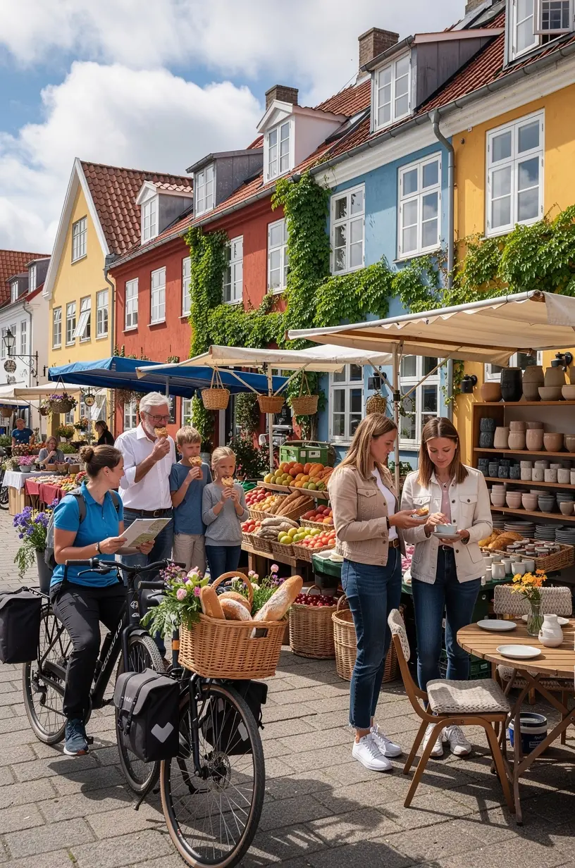 Cykelister, der udforsker en dansk kystby, med historiske bygninger og natur i baggrunden, hvilket fremhæver muligheder for lokal sightseeing.